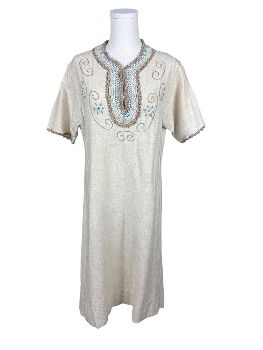 Vintage Caitela 70s Linen Blend Crochet Detail Short Sleeve Pastel Midi Dress L